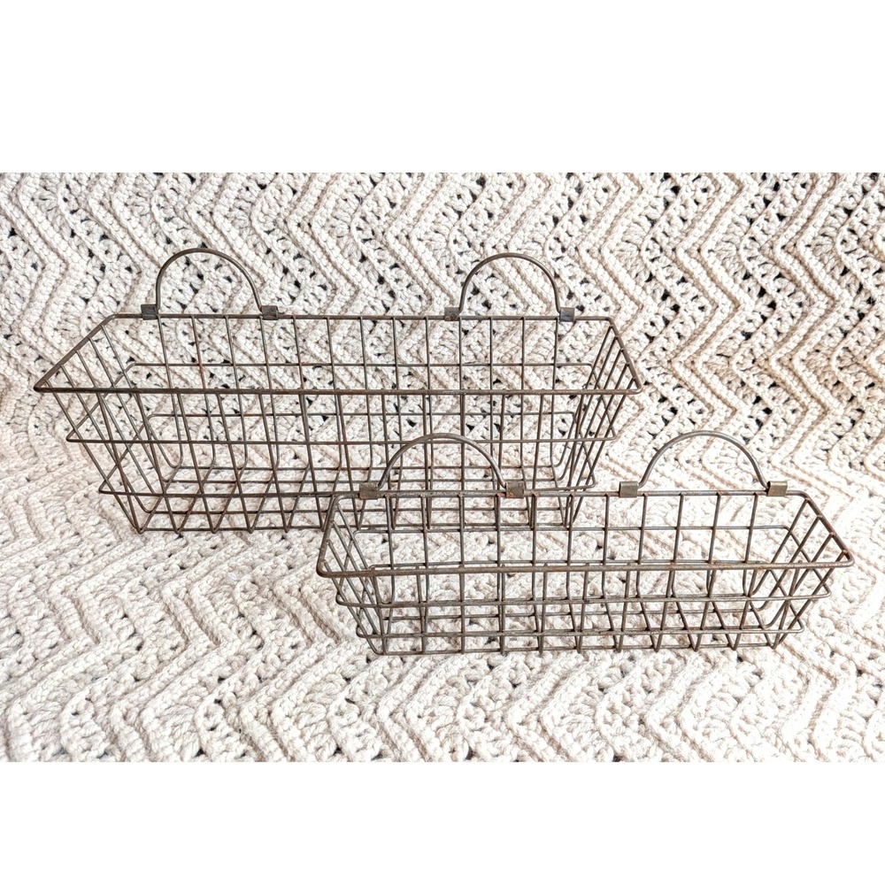 Vintage Industrial Metal Wire Wall Hanging Baskets Set of 2 Rustic Brown Storage